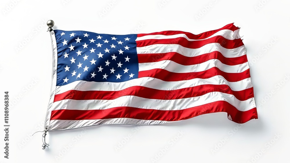 Fototapeta premium AI-generated panoramic American flag, flat, white backdrop.