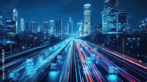 Nighttime cityscape with light trails from vehicles on a busy highway.