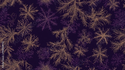 Festive Christmas Seamless Pattern with Snowflakes, Bells, and Pine Branches in Rich Jewel Tones for Holiday Greeting Cards