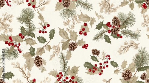 Rustic Christmas Burlap Pattern with Pinecones and Berries for Farmhouse Decor