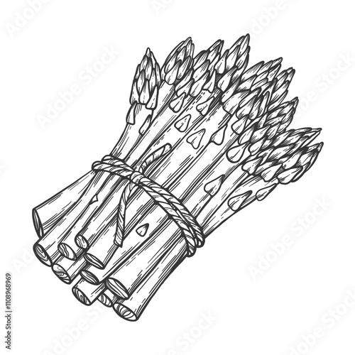 Asparagus vegetables sketch in black and white style. Line art. Freehand drawing fresh sparrow grass. Hand drawn isolated vector illustration in white background.