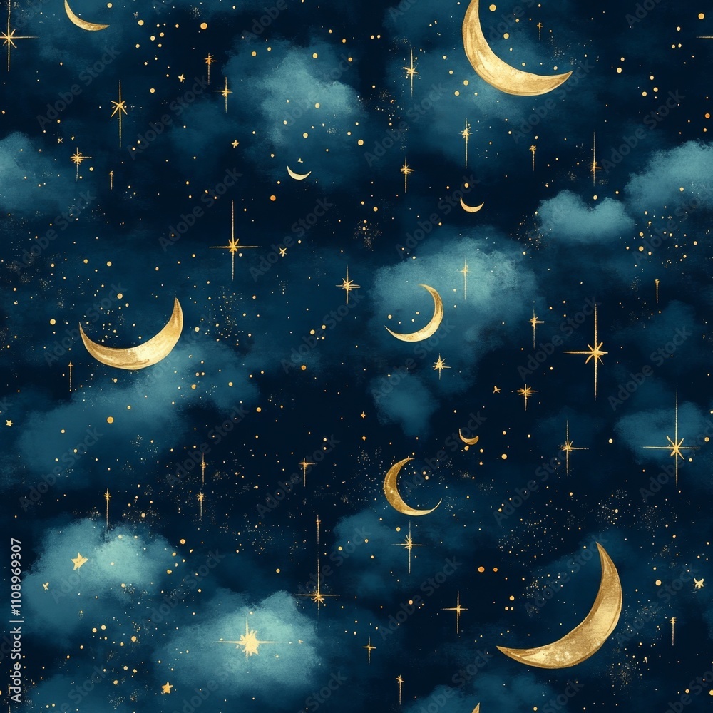 Fototapeta premium Night Sky Pattern with Golden Moons and Stars