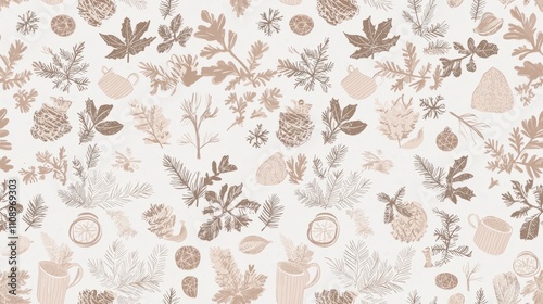 Festive Knitted Christmas Seamless Pattern with Cozy Holiday Mugs on Soft Gray Background for Seasonal Home Textiles