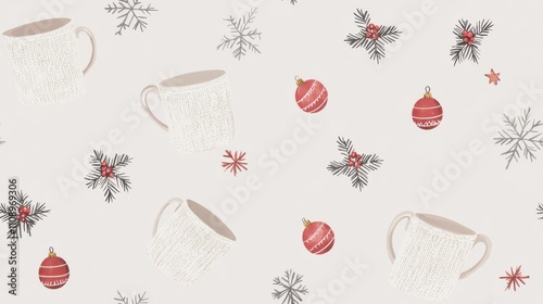 Cozy Christmas Seamless Pattern with Knitted Textures and Winter Elements on Gray Background for Seasonal Home Textiles