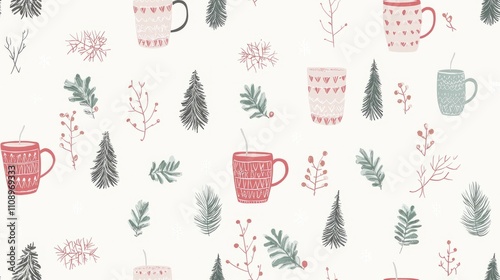 Cozy Christmas Seamless Pattern with Knitted Textures and Holiday Mugs on Gray Background for Seasonal Home Textiles