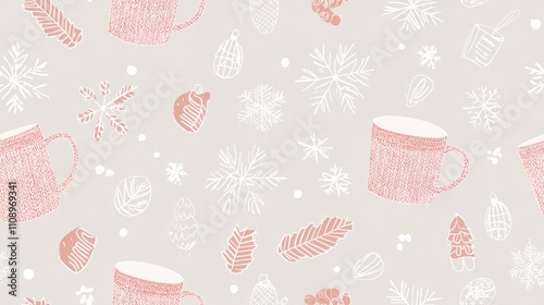 Cozy Christmas Seamless Pattern with Knitted Textures and Winter Elements on Gray Background for Seasonal Home Textiles