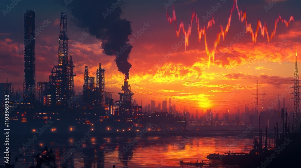Fototapeta premium Industrial landscape at sunset with stock market graph 