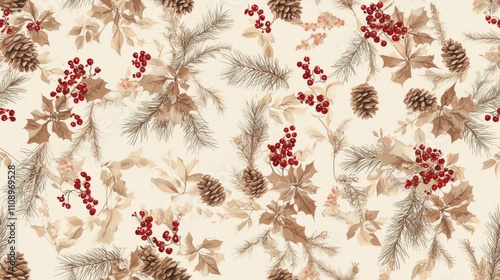 Cozy Farmhouse Christmas: Rustic Burlap Pattern with Pinecones and Red Berries on Beige Background