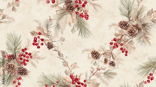 Cozy Farmhouse Christmas: Rustic Burlap, Pinecones & Berries Seamless Pattern for Holiday Decor