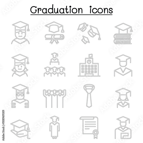 Graduation and commencement icon set in thin line style