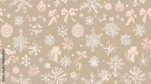Elegant Christmas Seamless Pattern with Delicate Snowflakes, Ornaments, and Ribbons in Muted Colors for Upscale Stationery and Gifts