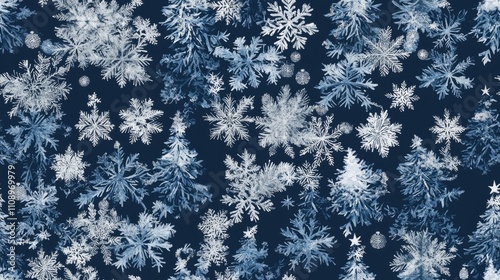 Winter Wonderland Christmas Seamless Pattern with Snowflakes, Trees, Ornaments in Blue and Silver | Ultra-Detailed Holiday Decor Design