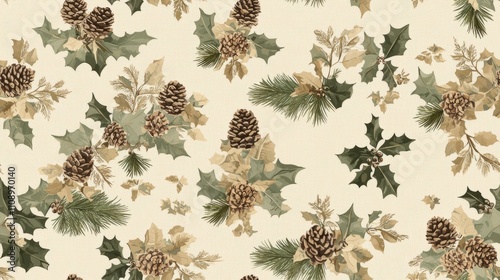 Cozy Rustic Christmas Seamless Pattern with Burlap and Pinecones on Beige Background for Farmhouse Decor
