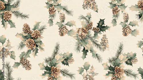 Cozy Rustic Christmas Seamless Pattern with Burlap Textures, Pinecones, and Holly Leaves on Beige Background for Farmhouse Decor