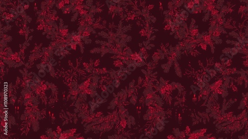 Classic Christmas Seamless Pattern with Wreaths, Candles, and Holly on Burgundy - Festive Holiday Background for Traditional Decor
