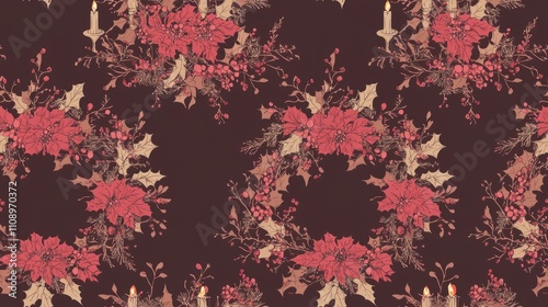 Festive Christmas Seamless Pattern with Wreaths, Candles, and Holly on Burgundy Background for Traditional Holiday Decor