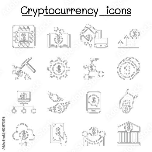 Cryptocurrency icon set in thin line style