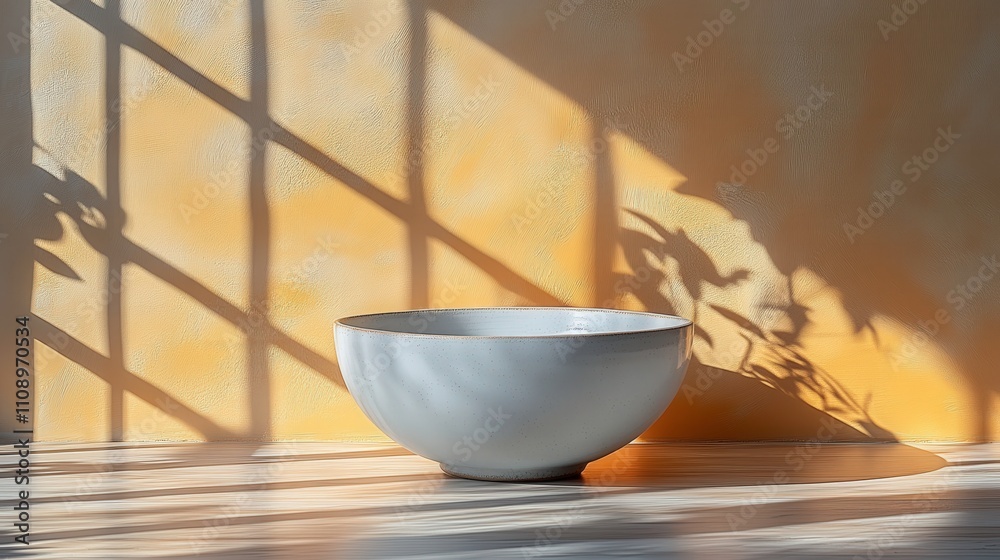 Minimalist White Bowl Casting Shadows on Yellow Wall with Soft Light and Plant Silhouettes for Contemporary Home Décor and Artistic Settings Minimalist White Bowl Casting Shadows on Yellow Wall with Soft Light and Plant Silhouettes for Contemporary Home Décor and Artistic Settings