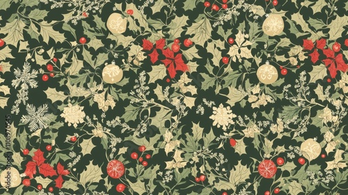 Festive Christmas Seamless Pattern with Elegant Ornaments and Snowflakes in Rich Color Palette - Ideal for Holiday Cards