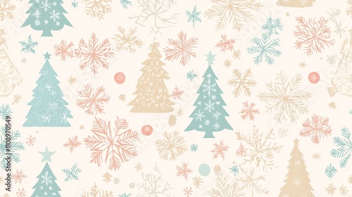 Retro Christmas Nostalgia Seamless Pattern with Vintage Ornaments and Snowflakes in Pastel Tones for Holiday Decor