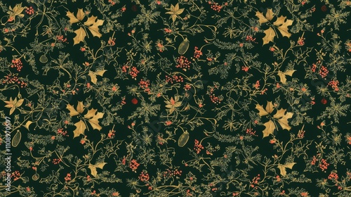 Elegant Christmas Seamless Pattern with Ornaments, Snowflakes, and Holly Leaves in Rich Color Palette for Holiday Cards