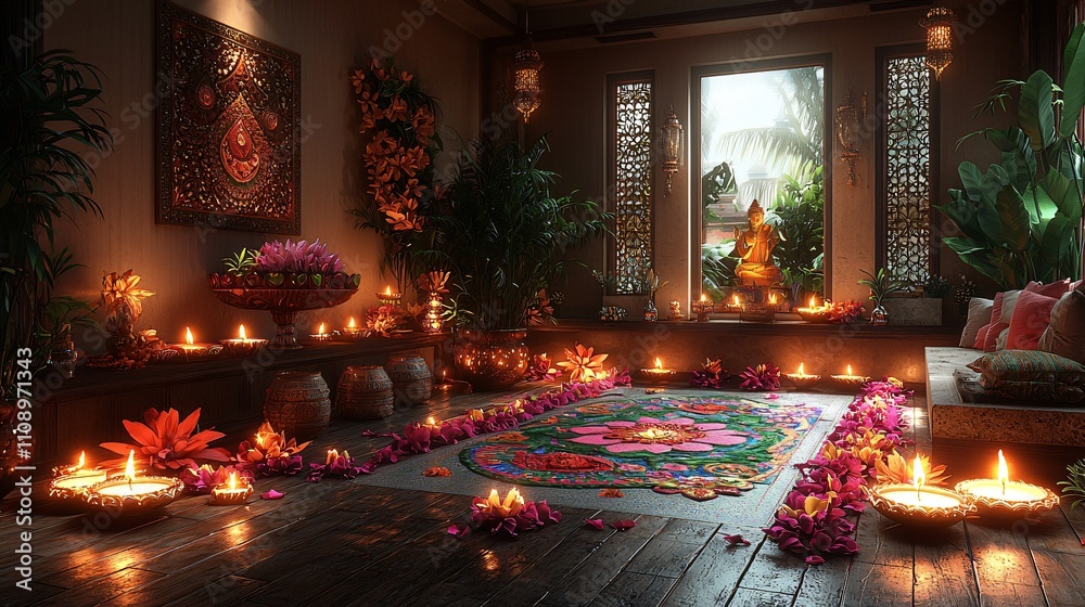 Warm Diwali celebration with glowing diyas and colorful decorations in a cozy space Warm Diwali celebration with glowing diyas and colorful decorations in a cozy space
