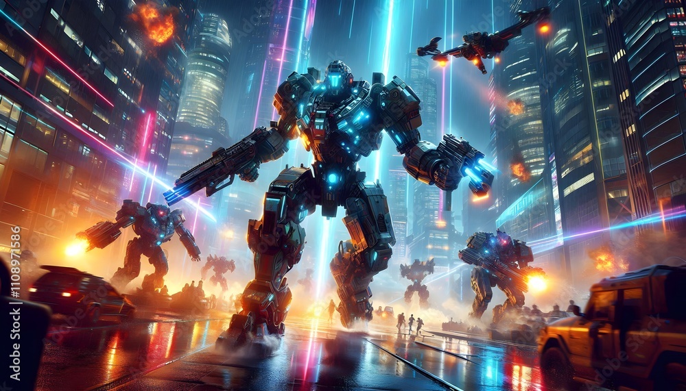 Robot Force in City: Robots stand guard in a futuristic cityscape with light beams. Robot Force in City: Robots stand guard in a futuristic cityscape with light beams.