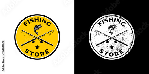 Free Download Circular emblem logo for a fishing store incorporating a rod and a bass - GFXLoad
