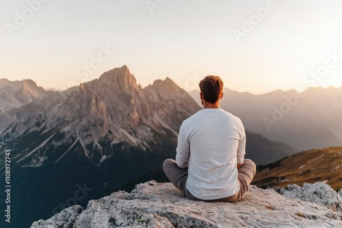 Serene Man Meditating on Rocky Peak with Majestic Mountain Landscape at Sunset