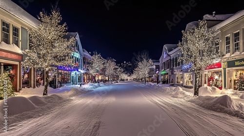 Snowy Street with Twinkling Lights and Holiday Decorations at Night