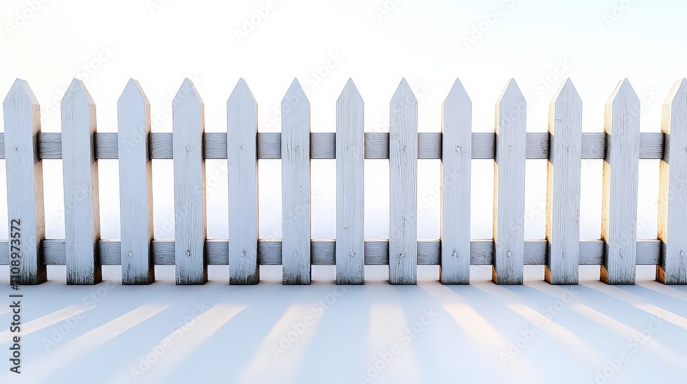 Fototapeta premium Wooden picket fence painted bright white, with evenly spaced vertical slats and pointed tops, casting soft shadows on a pristine white background.
