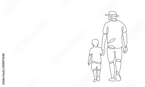 Single-line art of father and son walking vector art illustration