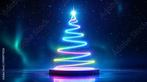 Neon Aurora Christmas Tree: Swirling neon light Christmas tree with aurora borealis on a stage.