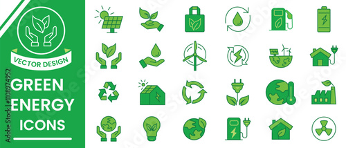 Green energy, Renewable energy. Ecology and green electricity icons, vector set. Eco friendly icon set, solar energy, wind mill, renewable and alternative power symbols vector illustration.