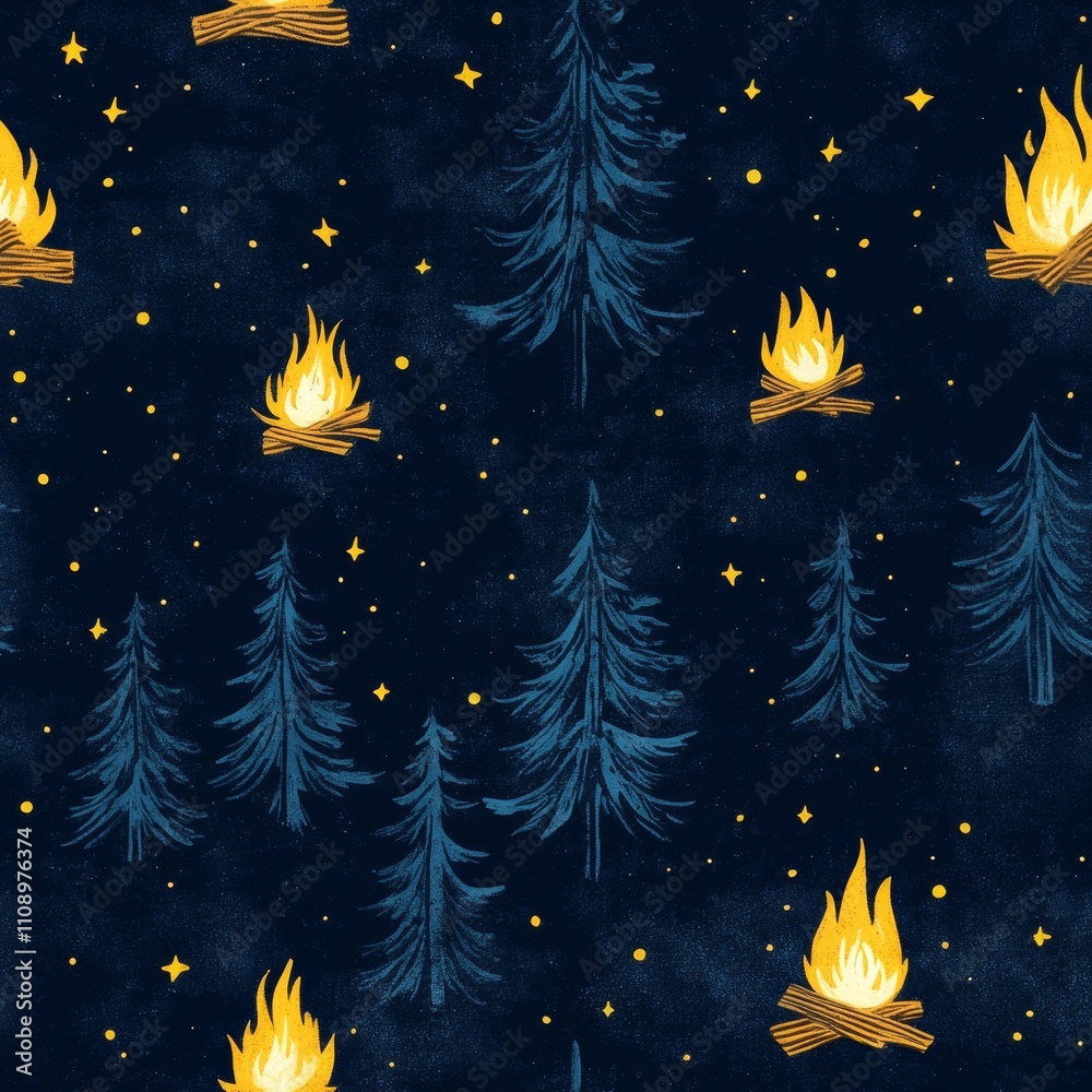 Naklejka premium Night Forest Campfire Pattern Design