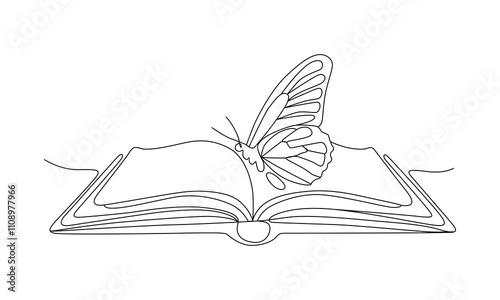 One line art of book with butterfly vector art illustration