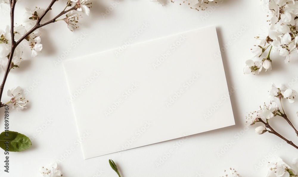 Blank card surrounded by white flowers, delicate floral arrangement, spring theme, minimalistic design Blank card surrounded by white flowers, delicate floral arrangement, spring theme, minimalistic design