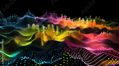 Vector isometric 3d grid surface of data consisting of glowing dots, particles. Big data visualization. Wave grid abstract diagrams of flow digital information. Wavy wire infographic design element