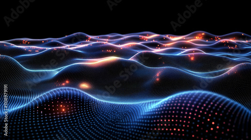 Vector isometric 3d grid surface of data consisting of glowing dots, particles. Big data visualization. Wave grid abstract diagrams of flow digital information. Wavy wire infographic design element