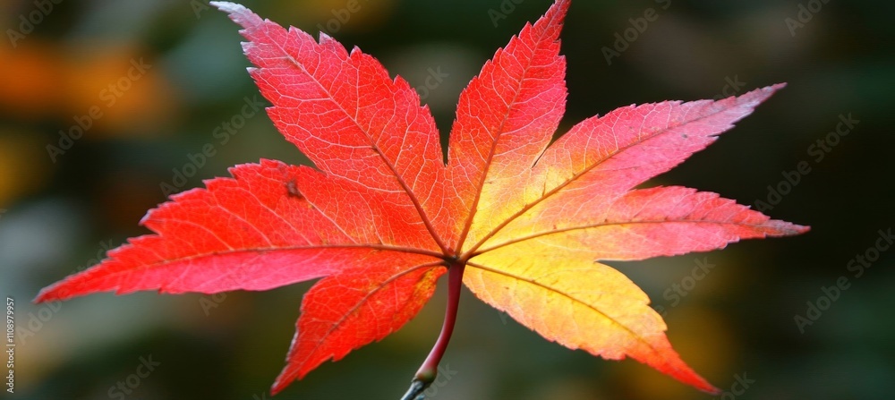 Golden Hour Gracefully Illuminates Veined Scarlet Maple Leaf On Branch. Autumn Forest Scene. Golden Hour Gracefully Illuminates Veined Scarlet Maple Leaf On Branch. Autumn Forest Scene.