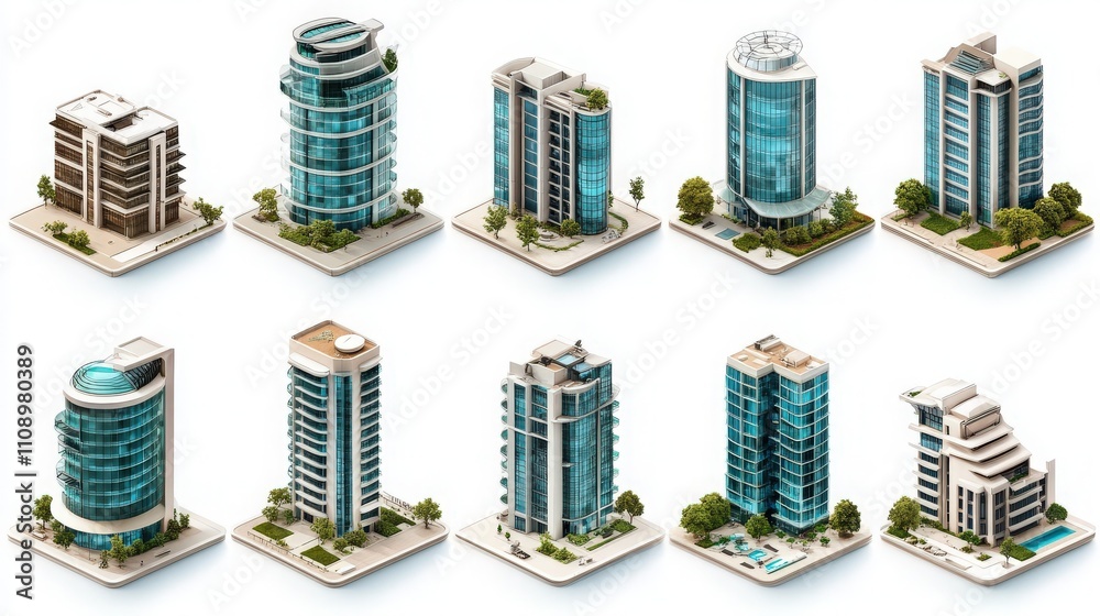 Fototapeta premium Illustrated modern building icons including offices and residential towers on white background