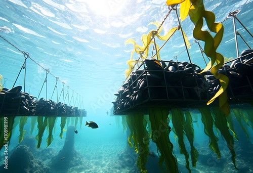 Underwater Mussel Farm: Aquaculture, Sustainable Seafood Production