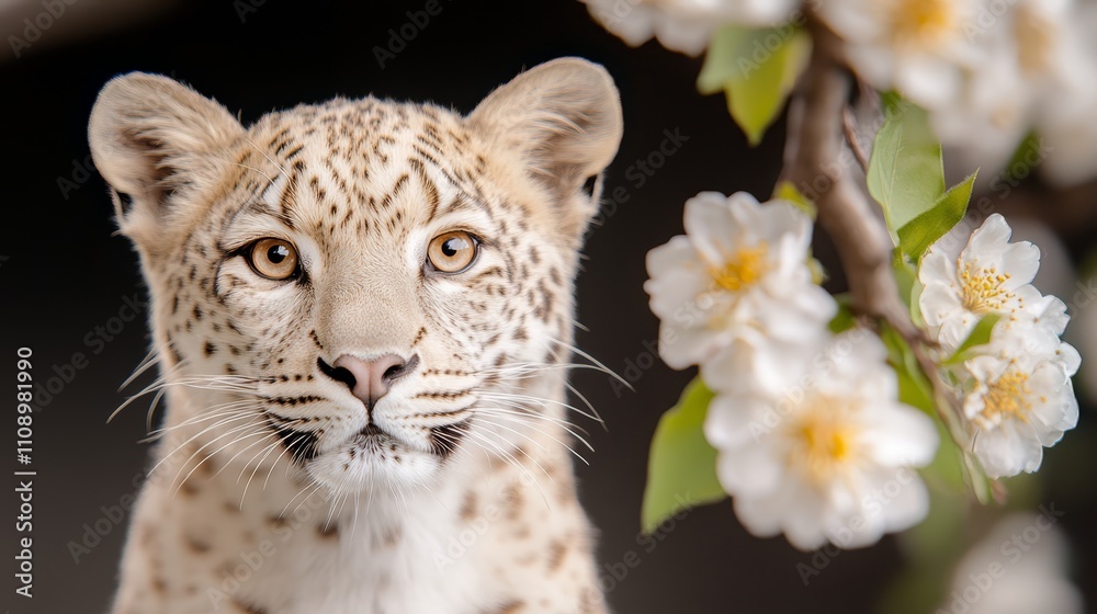 Obraz premium A close up of a leopard's face with white flowers in the background