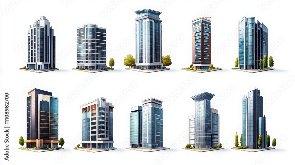 Obraz premium Illustrated modern building icons of buildings including offices and residential towers on white background