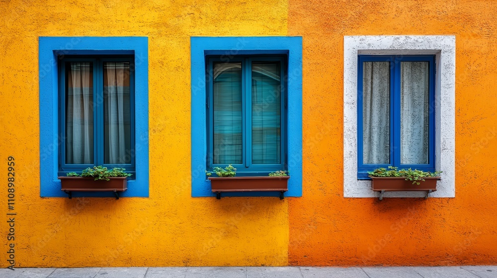 Three windows with blue shutters on a yellow wall Three windows with blue shutters on a yellow wall