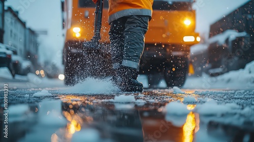  Worker in a reflective jacket spreads salt on icy roads from a truck, with a close-up of salt granules being discharged onto the frosty pavement.