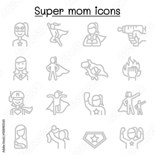 Super mom, super woman, Hero icon set in thin line style