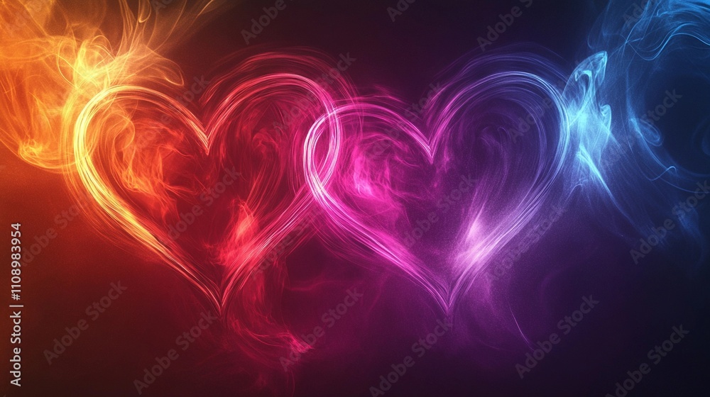Colorful smoke hearts blend in a vibrant display of love and affection at night Colorful smoke hearts blend in a vibrant display of love and affection at night