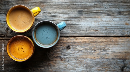 Three cups of coffee sit on a wooden table photo