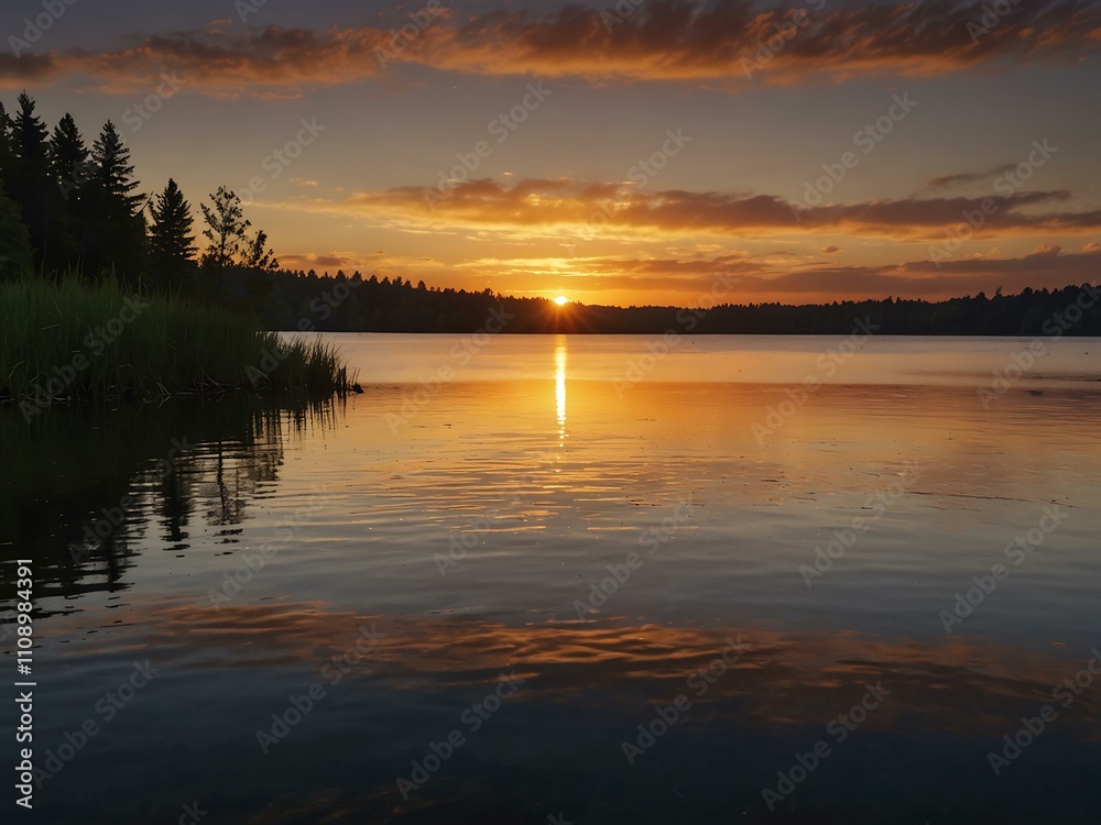 Fototapeta premium Sunset over a tranquil lake.